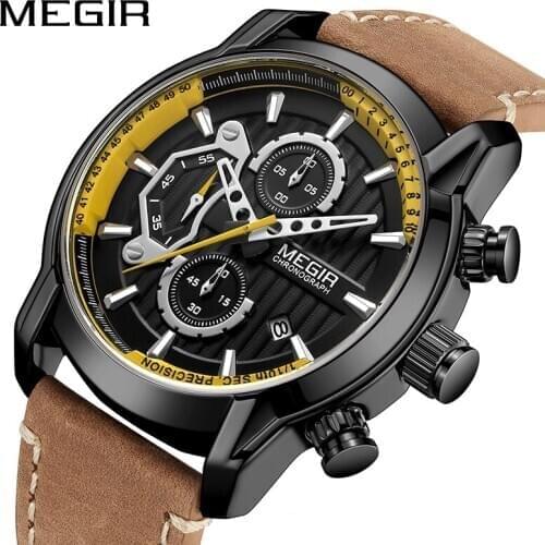 MEGIR New Fashion Mens Watches Top Brand Luxury Military Quartz Watch Leather Waterproof Luminous Sport Chronograph Watch Men