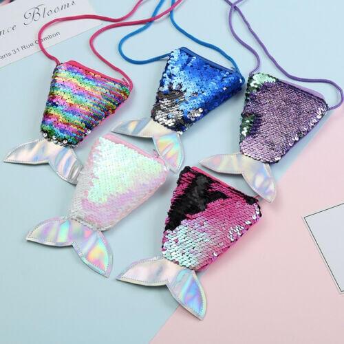 Mermaid Tail Shape Sequins Mini Shoulder Crossbody Bag Kids Baby Girls Zipper Coin Purse Wallet Pouch Money Storage Bag