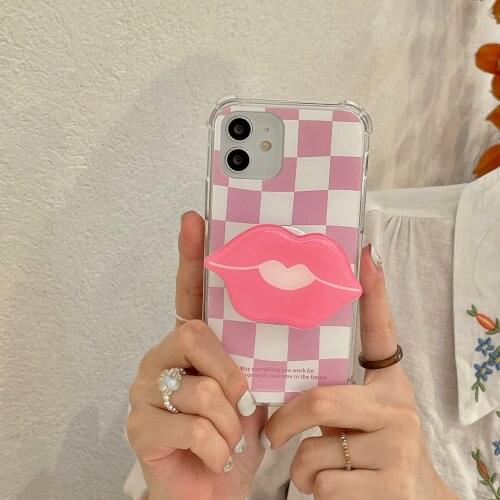 Fashion Crooked Lattice Pattern Lips Bracket Phone Case For iPhone 12 Mini 11 ProMax XR X XS 7 8 Plus Clear Soft Silicone Shell