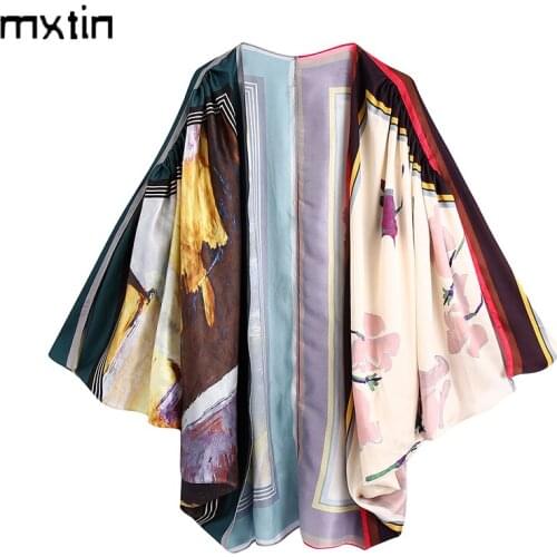 MXTIN 2021 Women Spring Fashion Floral Print Silk Long Blouses Vintage Long Sleeve Female Shirts Casual Kimono Tops Vestidos