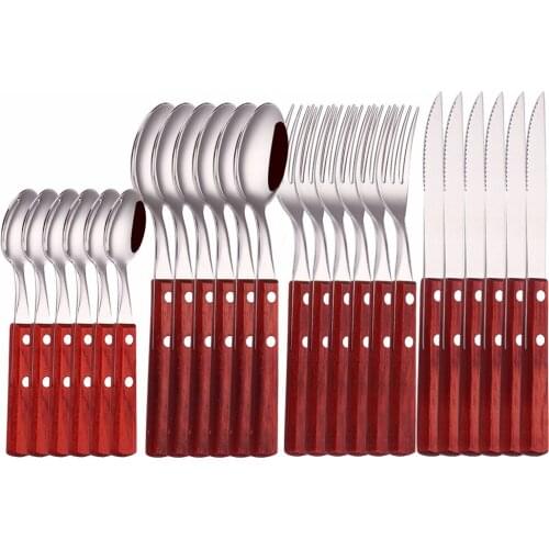 Wooden Handle Tableware Set Forks Spoons Knives 24Pcs Stainless Steel Dinnerware Set Western Home Complete Kitchen Cutlery Set
