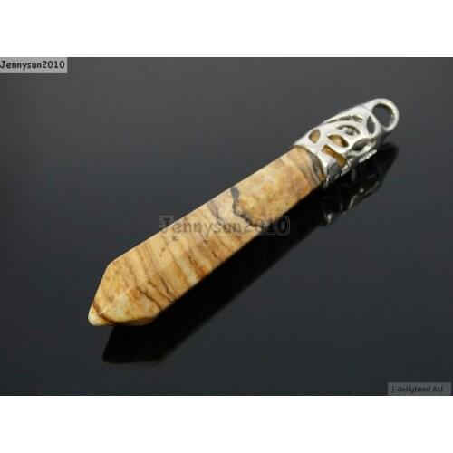 Natural Picture Jas-per Gems Stones Long Hexagonal Pointed Healing Reiki Chakra Pendant Beads Necklace Earrings 10Pcs/Pack