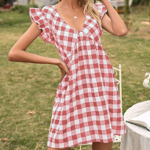 Womens Plaid Flying Sleeves V-Neck Waist Dresses For Women Fashion A-Line Loose High Waist Female Summer Dress 2021 Femme Robe