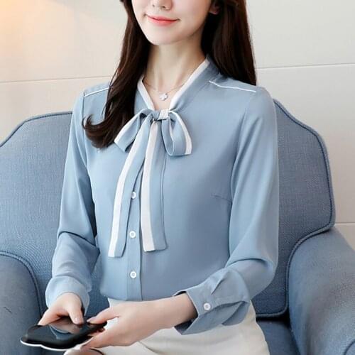 Long Sleeve Shirt Women Chiffon Bow Women Blouse 2021 Spring Autumn Tops Office New Korean Fashion Woman Clothes Chemisier Femme