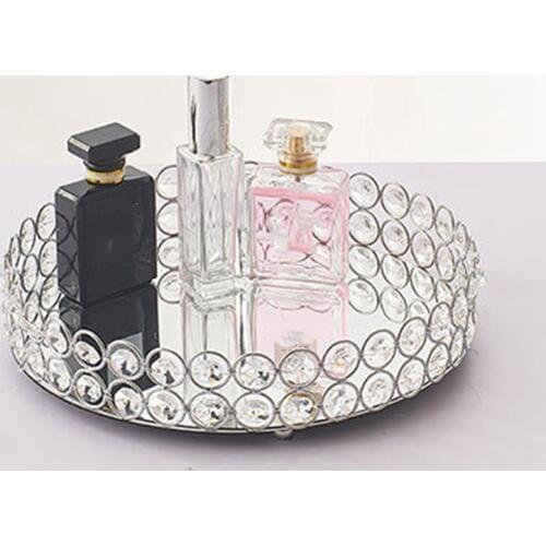 Silver Round Mirror Decorative Cosmetics Storage Box Tray Wedding Home Decoration Rack