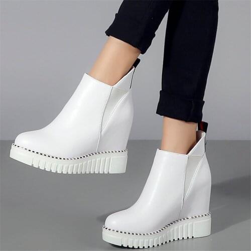 High Top Platform Pumps Women Slip On Genuine Leather Wedges High Heel Ankle Boots Female Round Toe Fashion Sneakers Casual Shoe