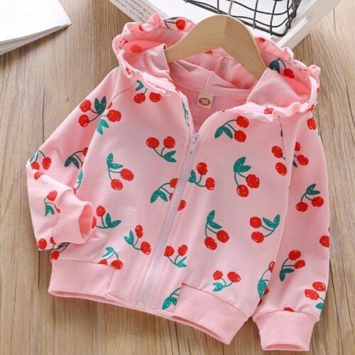 Spring Autumn Baby Girls Jackets Cute Cherry Printed Long Sleeve Coats Top For Kids Hoodied Coats Children Outerwear Clothing