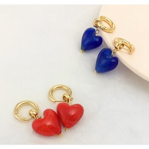 Monlansher Vintage Glazed-tile Heart Hoop Earrings Cute Geometric Metal Hoop Earrings Fashion Earrings Jewelry for New Year Gift