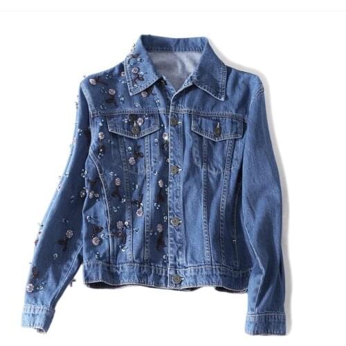 2020 spring 100% cotton denim jackets with diamond beading stiching female high quality luxury Embroidery beading jackets wq748