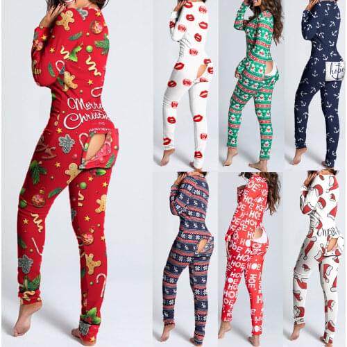New Women Pajamas Sexy V-neck Jumpsuit Plaid Casual Long Sleeve Pyjama Button-down Front Functional Buttoned Flap Sleepwear
