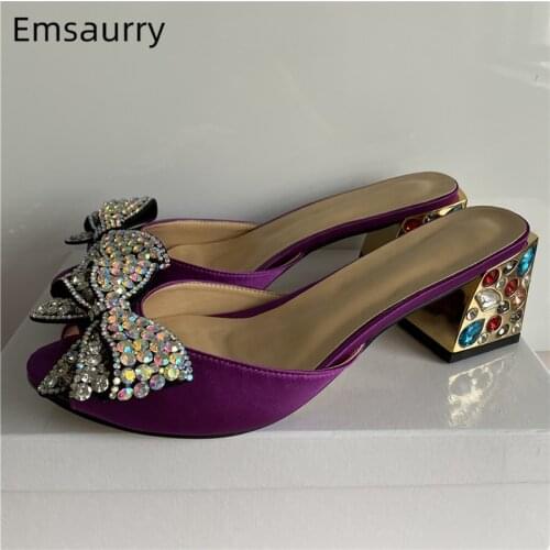 Jeweled Diamond Summer Women Sandals Crystal Beaded Decor Luxury Satin Colorful Rhinestone Med Square Heel Peep Toe Runway Mules