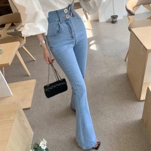 Autumn 2021 New Classic Buttons Womens Jeans Mid Waist Denim Flare Pants Retro Washed Streetwear Slim Trousers Female