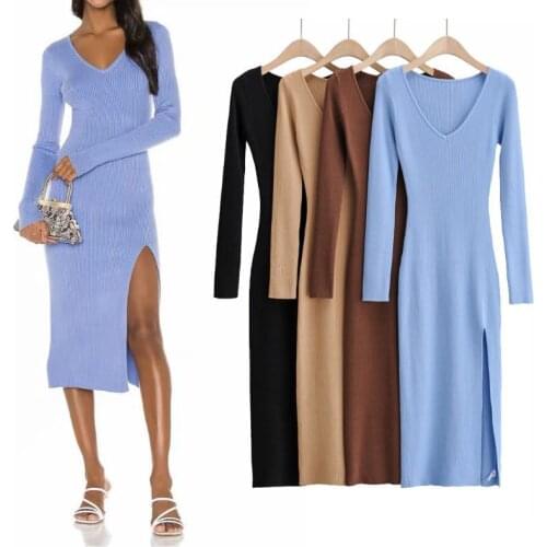 Women Bandage Dress Black Sweater Knitted Mid Dresses for Women Party Autumn Long Sleeve Sexy Club Dress