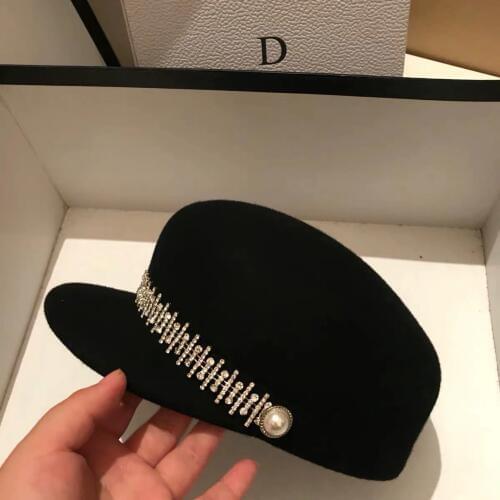 01910-fu91 winter wool Drill chain Pearl button lady Equestrian cap women wool visors hat