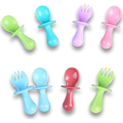 2Pcs/Set Baby Learn Feeding Spoon+Fork Solid Color Food Grade Silicone Non-Slip Kids Tableware Portable Toddler Training Cutlery