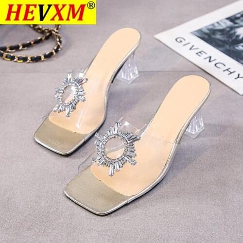 2021 PVC Transparent Crystal Sun Flowers Buckle Womens Slippers Summer Square Toe Ladies Strange High Heels Sandals Shoes