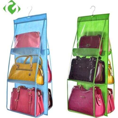 6 Pocket Hanging Handbag Organizer for Wardrobe Closet Transparent Storage Bag Door Wall Clear Sundry Shoe Bag with Hanger Pouch