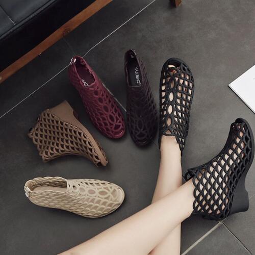 New summer mesh wedge heel sandals, non-slip, sexy fish mouth jelly high heels, hollowed-out Roman cool shoes