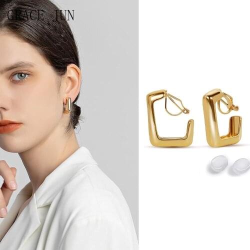 GRACE JUN New Arrival Clip on Earrings for Women Chunky Hoop Earrings No Piercing Fake Earrings Ear Clip Hypoallergenic Earrings