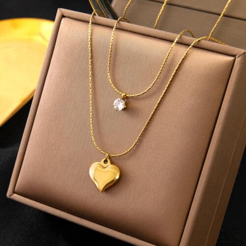 316L Stainless Steel Heart Pendant Double Layer Snake Bone Charms Chain Choker Necklace For Women Fashion Fine Jewelry Gift