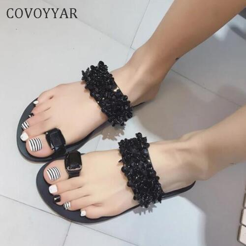 COVOYYAR 2019 Rhinestone Flat Women Slippers Summer Flip Flops Sandals Lady Bling Shoes Woman Beach Slides Big Size 42 WSL93