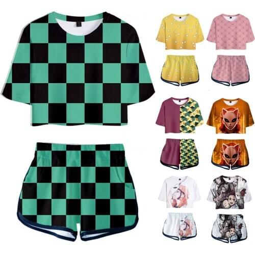 Demon Slayer Shirt Shorts Sport Shorts Kimetsu no Yaiba Cosplay Women Suits Kamado Tanjirou Running Top Shorts Outfit Girls Se