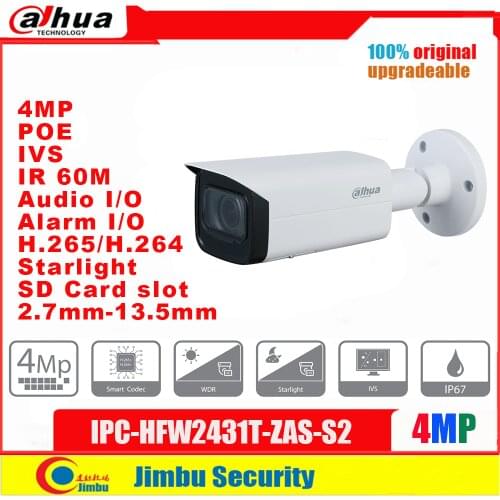 Dahua IP camera 4MP PoE IPC-HFW2431T-ZAS-S2 H.265 IR60m Starlight IP67 IK10 Built-in IR LED IVS 2.7 –13.5mm
