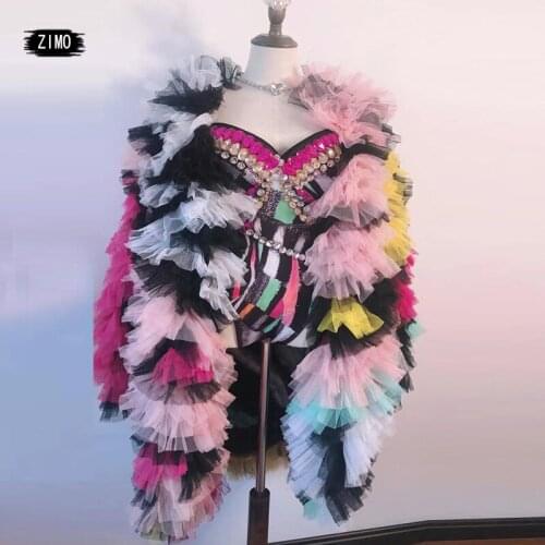 Multicolor Mesh Rhinestone Bodysuit Women Sexy Graffiti Bra Short Birthday Party Prom Dance Costume 2pcs Set Evening Stage Wear