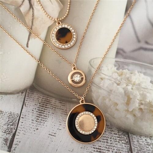Casual Gold Color Plating Round Disc Clear Stone Paving Three Layered Necklace For Women Anniversary Party Gorgeous Decoration