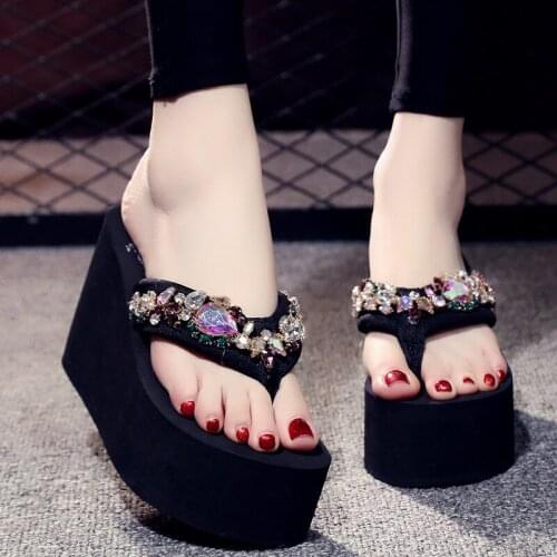 Summer High Heels Flip Flops Female Slope With Fashion Rhinestone Color Diamond Temperament Goddess Slippers Vacation Beach Shoe