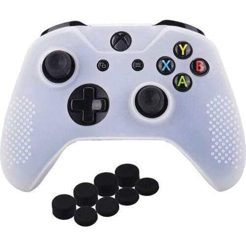 Studded Silicone Cover Skin Case for Microsoft Xbox One X & Xbox One S Controller x 1 with Pro Thumb Grips 8 Pieces(White)