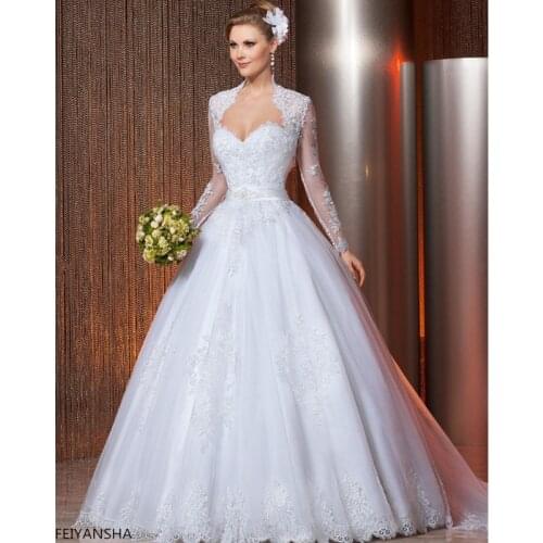 Gorgeous Appliques Chapel Train Lace Ball Gown Wedding Dress 2021 Sexy Scoop Neck Long Sleeve Beaded Princess Bride Gown