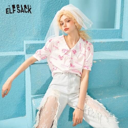 ELFSACK Harajuku Cartoon Print Single Breasted Casual Satin Shirt Women,2021 Summer Vintage Stylish,Korean Ladies Daily Top