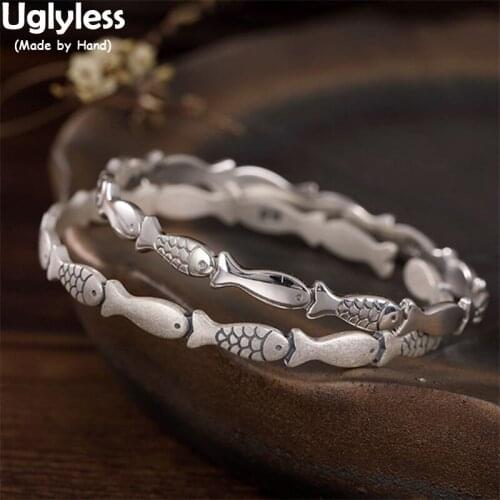 Uglyless Lined up Fishes Bangles for Women Solid 990 Pure Silver Animals Fish Open Bangles Lovely Swimming Fishes Gifts Jewelry