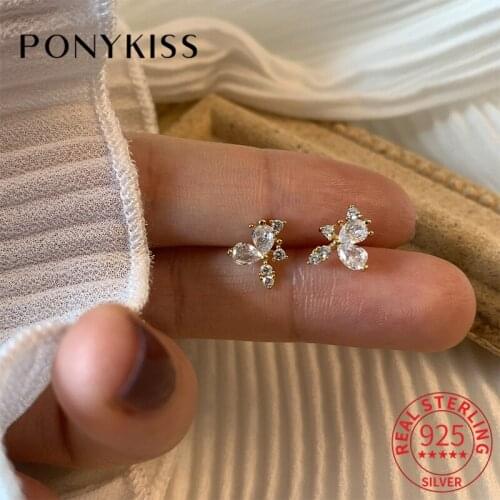 PONYKISS 100% S925 Sterling Silver Flower Branches Zircon Stud Earrings For Women 14K Gold Party Fine Jewlry Gift Drop Shipping