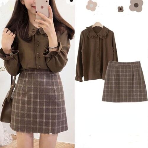Spring and Autumn 2021 New Fashion Korean Shirt + Retro Plaid Skirt Two-piece Suit Women