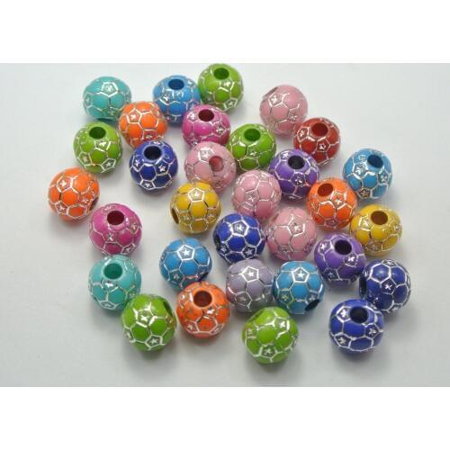 100 Mixed Colour Sparkling Football Soccer Pattern Acrylic Round Beads 12mm