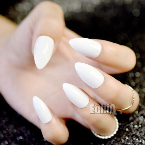 24pcs Solid White Oval Sharp end Stiletto False Nails Pure Snow White Pointed Fake Nails Tips Manicure Artificial Nails Salon