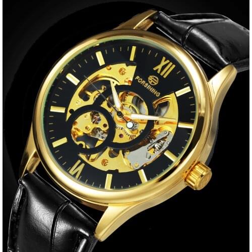 FORSINING Fashion Men Mechanical Watches Louvre Series Skeleton Wristwatch Luminous Hands Leather Band Roman Clock Reloj hombre