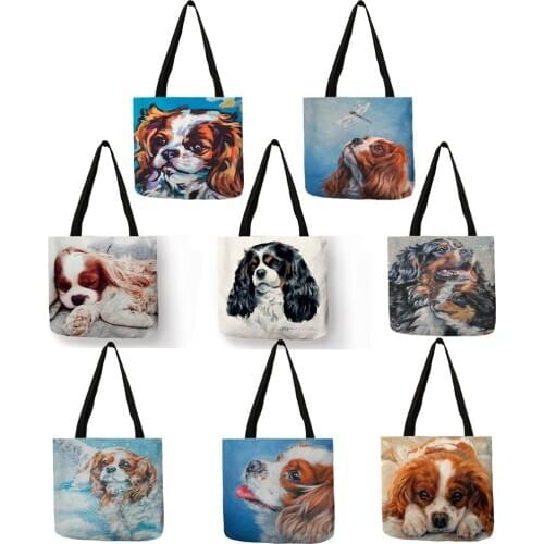 Kawaii Puppies Charles Spaniel Dog Oil Painting Print Women Handbag Casual Shoulder Bags For School Work Reusable Shopping Tote