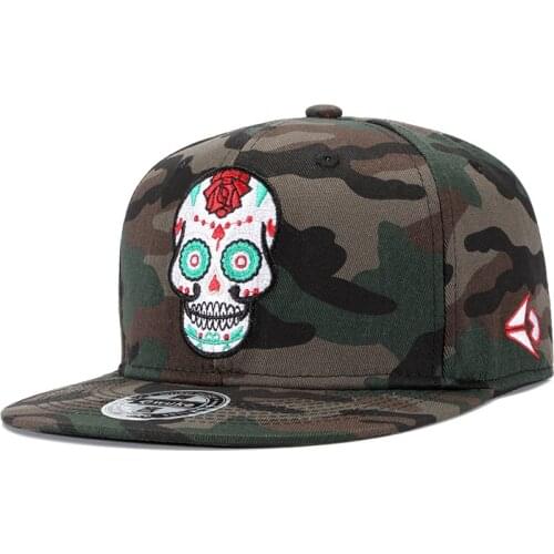 Street Cotton Death Skull Human Rose Embroidered Skeleton Cap Fashion Flat Camouflage Army Green Snapback Baseball Trucker Hat