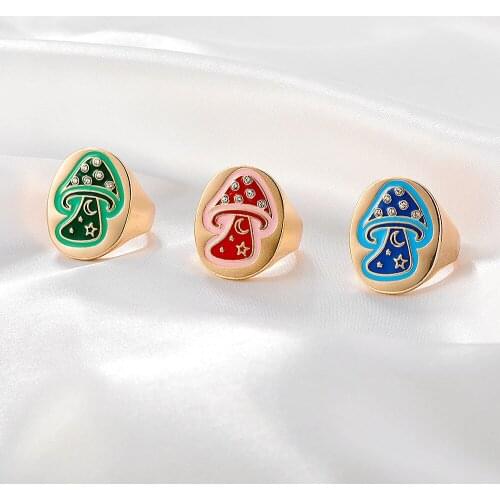 New Ins Vintage Blue Green Pink Mushroom Ring Simple Metal Drop Oil Plant Mushroom Rings For Women Girls Fashion Jewelry Gift