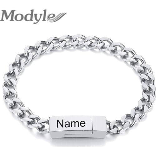 Modyle Minimalist Bracelet for Men Women Engrave Logo Name Glossy Stainless Steel Basic Miami Cuban Chain Wristband Magnet Clasp