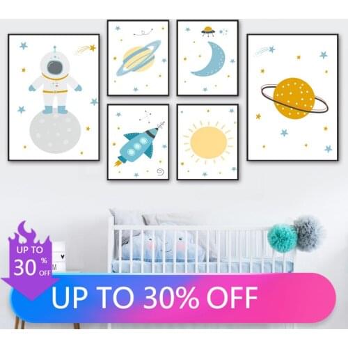 Cartoon Space Planet Astronaut Rocket Sun Moon Nursery Wall Art Print Canvas Painting Nordic Poster Wall Pictures Boy Room Decor