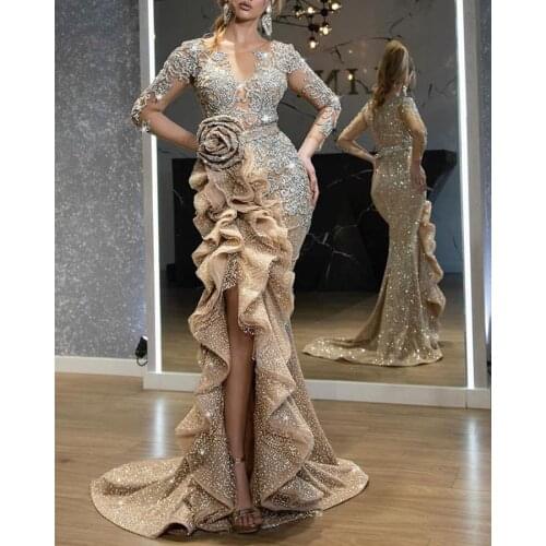2021 New Luxury Evening Dresses Long Woman Gown Sequins Robe De Soir Parties Plus Size Bride Dress Prom Party Gowns