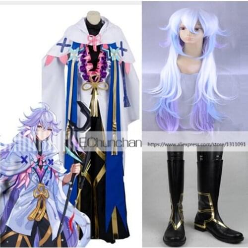 New arrival Full Set Fate Grand Order Cosplay Caster Merlin Ambrosius Carnival Cosplay Costume together with shoes and wig