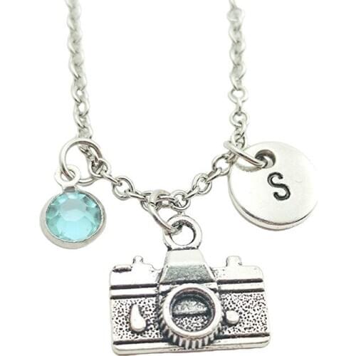 Camera Travel Creative Initial Letter Monogram Birthstone Necklace Fashion Jewelry Women Christmas Gifts Accessories Pendants