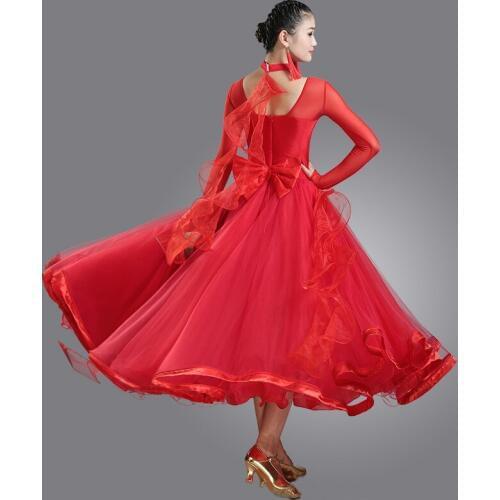 Modern dance ballroom dancing dress mesh collar bowknot waist frills at bottom hem new costume show dress uniforms