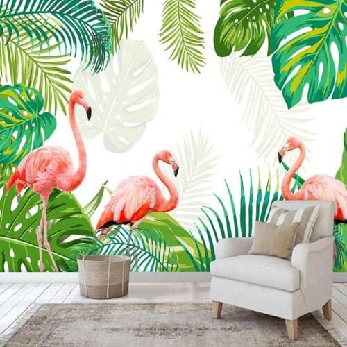 Custom Photo Wallpaper Hand Painted Green Leaf Flamingo Bedroom Living Room Sofa TV Background Wall Painting Mural De Parede 3D