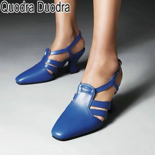 Sandals new Women Shoes summer Fashion gladiator Female Thick High Heels cover toe green solid blue buckle Ladies Big Size 34-43